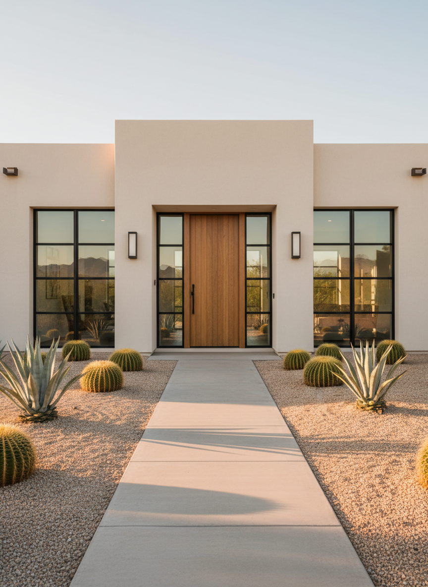 A refined, modern West Valley home exterior in photographic realism, featuring smooth cream stucco, dark metal-framed windows, and a minimalist desert front yard. Sculpted agave, golden barrel cactus, and neatly raked granite surround a straight concrete walkway leading to a tall wooden front door with sleek hardware. Late afternoon sunlight creates a soft, golden glow across the façade, with long, elegant shadows from the desert plants on the gravel. The mood is sophisticated and welcoming, suggesting trusted real estate expertise. Shot from eye level with an emphasis on clean lines and symmetry, the composition highlights the home’s curb appeal and high-end finishes, with distant low mountains slightly blurred in the background to add a sense of place in Phoenix’s West Valley.