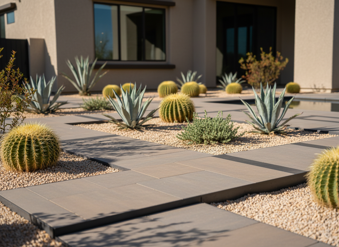 A detailed close-up of a refined West Valley desert landscape design in photographic realism, showcasing smooth, warm-gray pavers arranged in a precise geometric pattern bordered by finely crushed tan gravel. Clusters of silver-blue agave, golden barrel cacti, and low-growing desert shrubs are artfully spaced, each plant casting crisp late-morning shadows on the ground. A sleek, dark steel edging defines the planting beds with razor-sharp lines. In the blurred background, the lower portion of a contemporary stucco home in soft beige suggests high-end residential architecture. The lighting is bright yet diffused, giving the scene a clean, polished look. Captured from a low, angled perspective with shallow depth of field, the composition highlights thoughtful, low-maintenance outdoor design that embodies the sophisticated West Valley lifestyle.