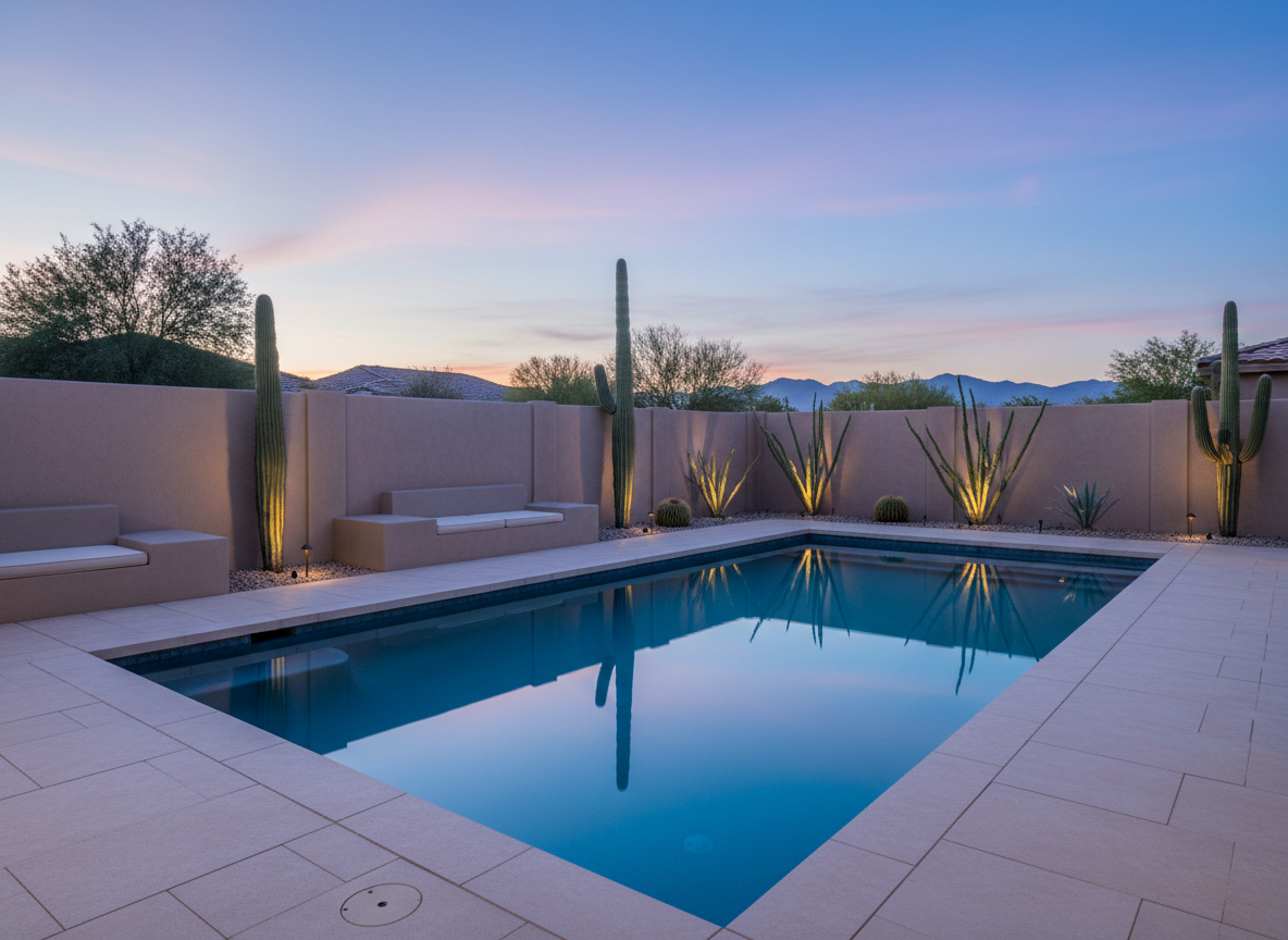 An upscale West Valley backyard retreat in photographic realism, featuring a rectangular azure pool with perfectly still water reflecting a pastel sunset sky. Surrounding the pool are large, smooth porcelain pavers in a pale sand color, leading to built-in stucco seating with plush-looking, neutral cushions implied but not shown directly. Tall, slender saguaro and sculpted ocotillo plants rise from understated gravel beds, subtly lit by low, warm landscape lights that cast delicate patterns on the ground. The scene is framed by a privacy wall in soft taupe with a distant silhouette of desert hills beyond. Early evening blue hour lighting creates a calm, sophisticated atmosphere. Captured from a slightly elevated angle with sharp focus, the composition feels like a dream backyard in Phoenix’s West Valley, exuding quiet luxury.