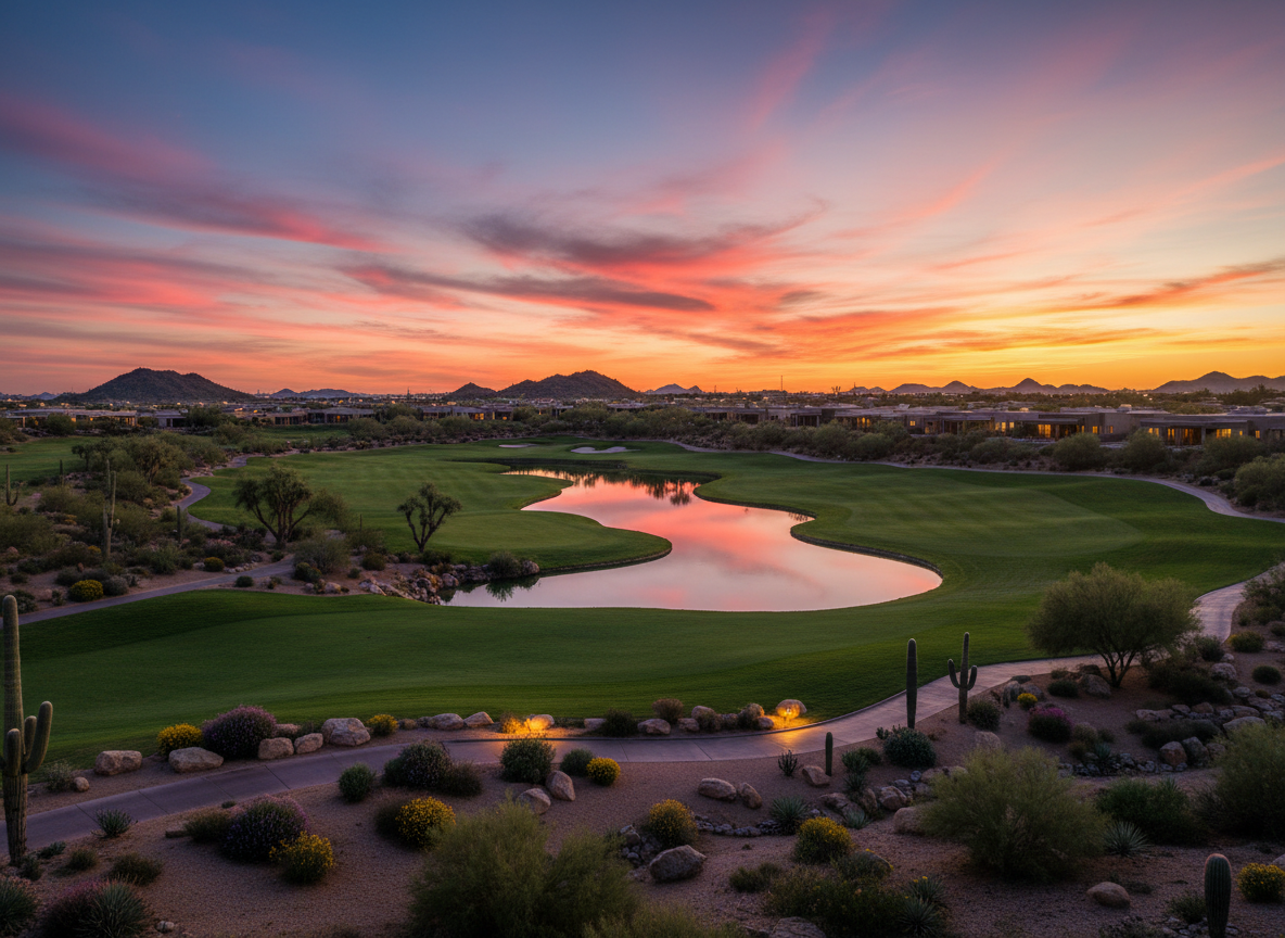 An elegant twilight scene of a West Valley golf course community in photographic realism, with manicured emerald fairways winding through carefully planned desert landscaping. Soft, warm path lights trace curving cart paths bordered by sculpted boulders and clusters of desert plants, while glossy lakes reflect the last streaks of magenta and gold in the sky. In the distance, silhouettes of upscale, low-profile homes with subtle exterior lighting nestle against gently rising desert hills. The mood is tranquil, exclusive, and refined, hinting at a coveted lifestyle. Captured from a slightly elevated vantage point with wide-angle composition, the image balances water, greenery, and desert elements, creating an aspirational vision of Phoenix’s West Valley without including any human figures.