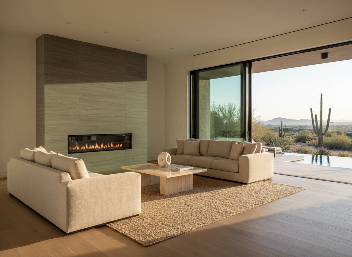 A luminous, contemporary West Valley living room interior in photographic realism, designed for desert living. The space features wide-plank light oak flooring, a low-profile sand-colored sectional sofa, and a sleek stone fireplace with a linear gas flame behind glass. Floor-to-ceiling black metal-framed sliding doors open visually to a blurred desert landscape and pool beyond, flooding the room with soft, natural afternoon light. Subtle shadows fall across a textured jute rug and a minimalist travertine coffee table with a single sculptural ceramic vase. The mood is serene, sophisticated, and aspirational, suggesting the interior lifestyle of a premium West Valley home. Captured at eye level with a wide lens and balanced composition, every detail feels curated yet livable, with a clean, modern Southwest aesthetic and no people present.
